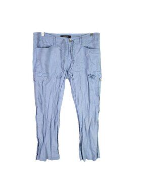 Womens Express Light Blue 100% Linen Cargo Pants Mid Rise Tie Waist Size 3/4